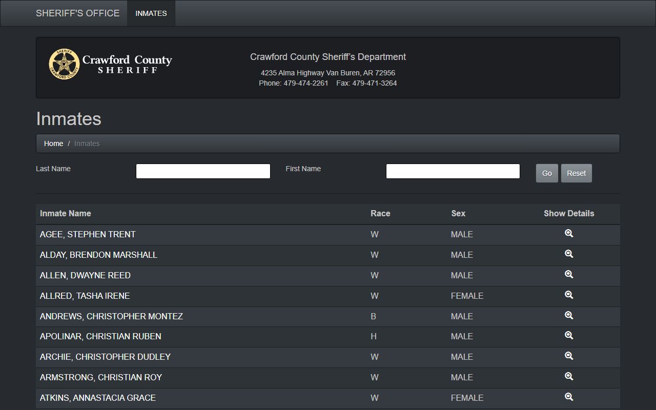 Crawford County Sheriff inmate roster page showing Crawford County inmate population records