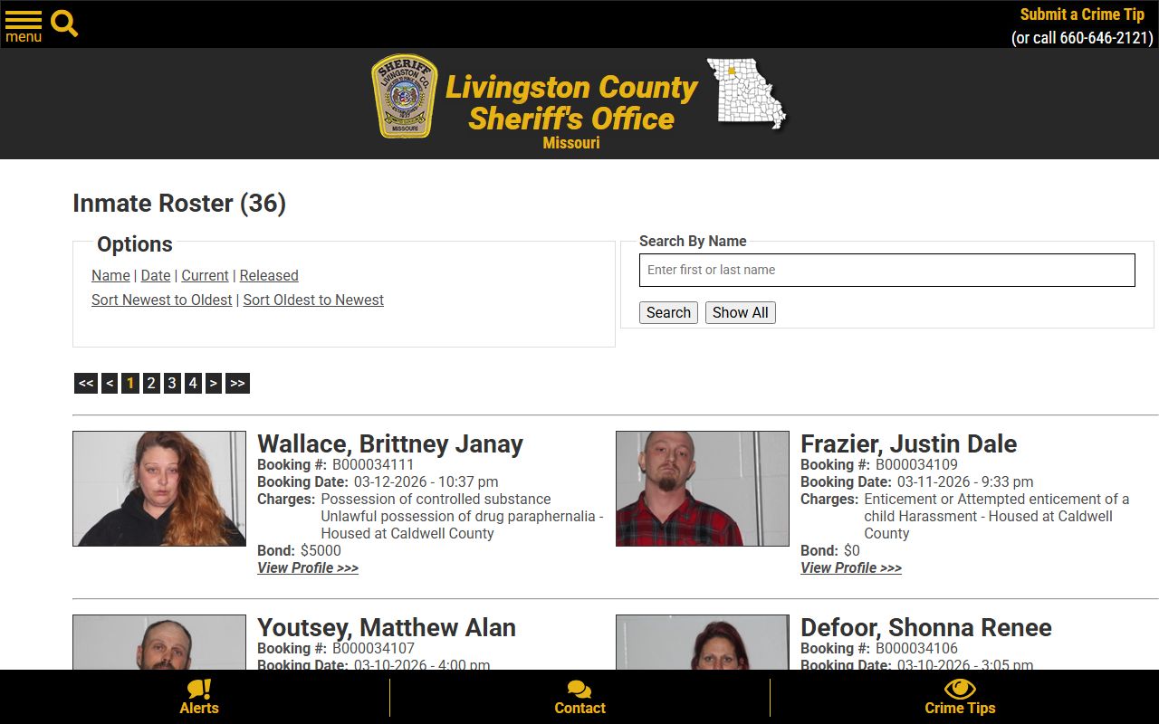 Livingston County Jail roster showing Livingston County inmate population records