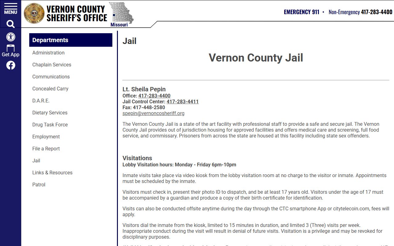 Vernon County Sheriff's jail page showing Vernon County inmate population records and services