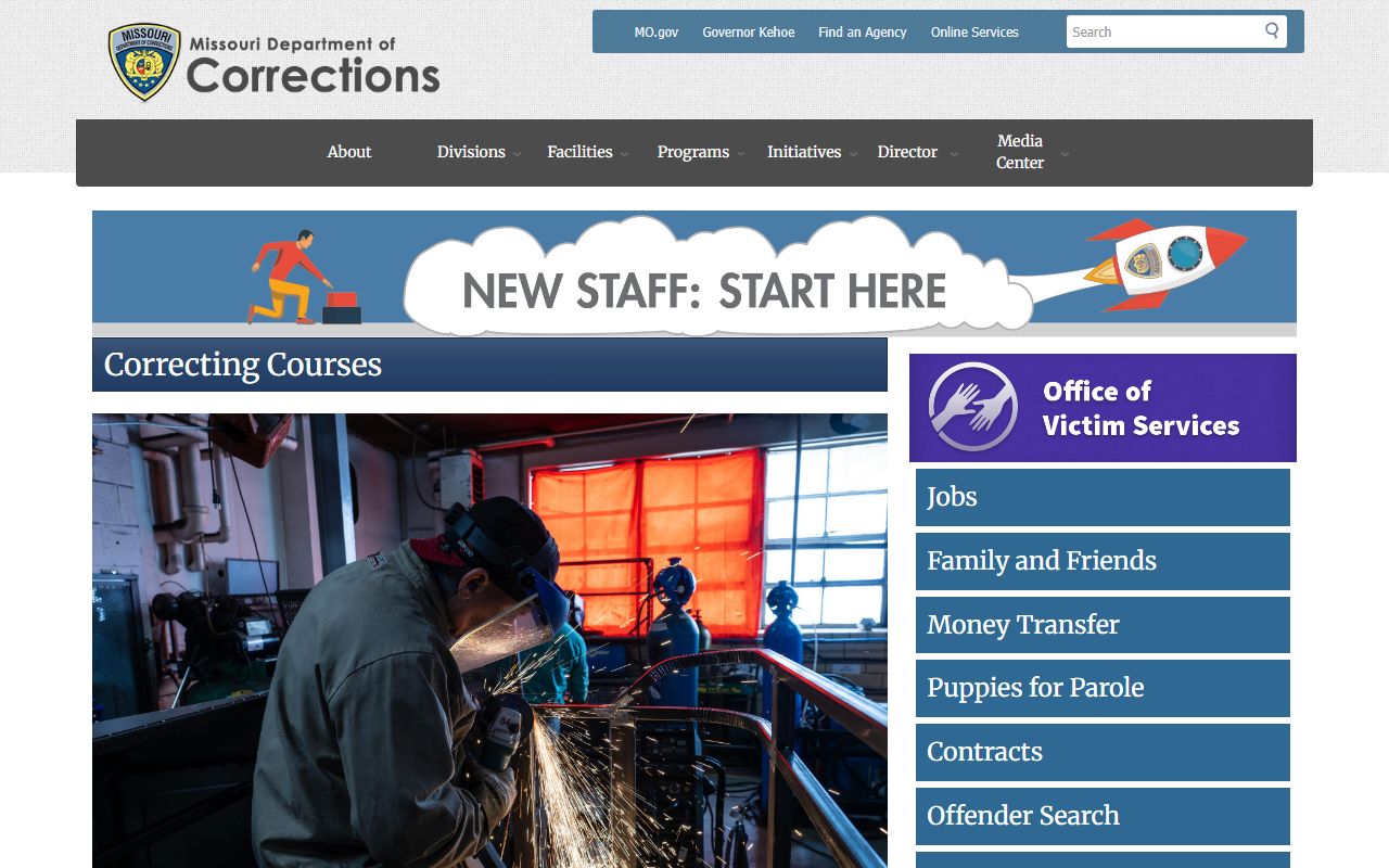 Missouri Department of Corrections homepage showing inmate population programs and resources