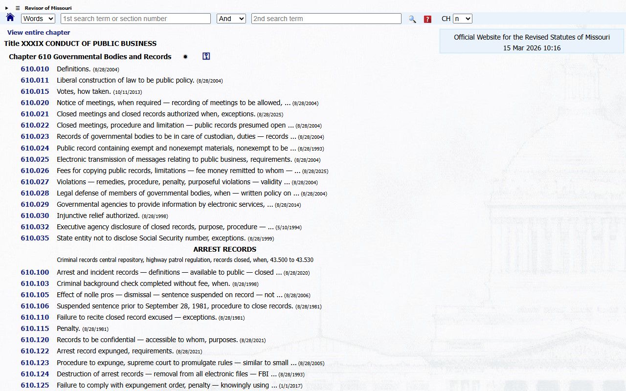 Missouri Sunshine Law Chapter 610 statutes governing public access to inmate population records